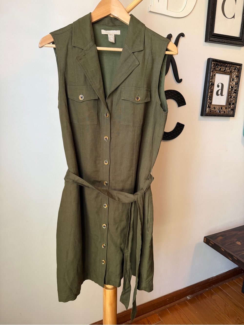 Banana Republic Sleeveless Linen Blend Shirt Dress Safari Size 12 Green Midi